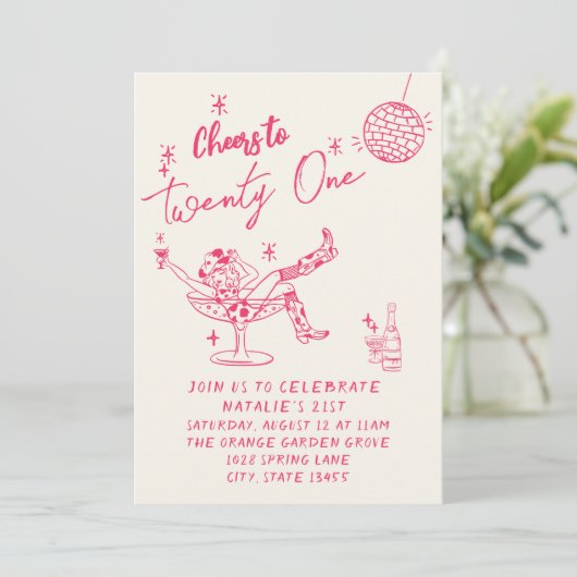 21e Roze Hand Getrokken Cowgirl Coastal Fun Verjaa Kaart (Staand voorkant)