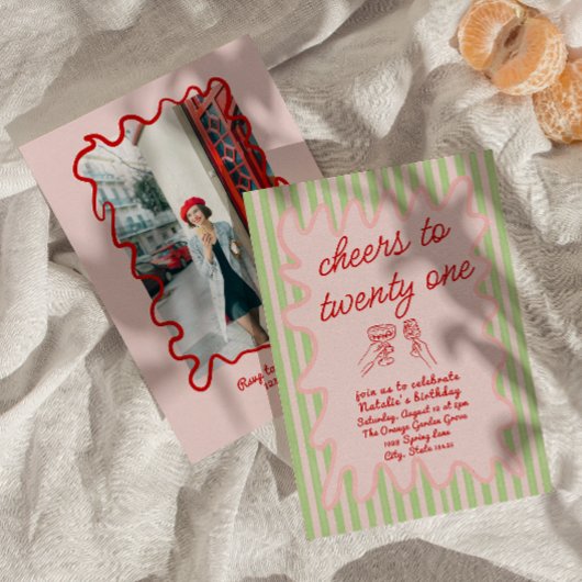 21e Roze Hand Getrokken Kleurrijke Foto Verjaardag Kaart