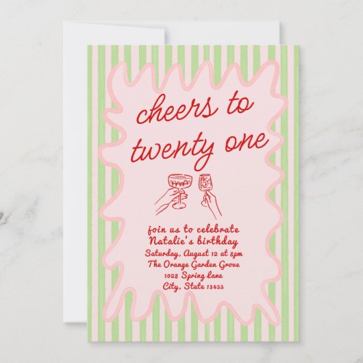 21e Roze Hand Getrokken Kleurrijke Strepen Verjaar Kaart (Voorkant)