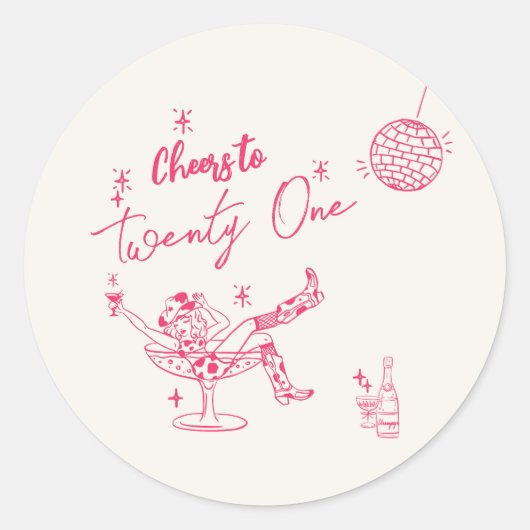 21e Roze Hand Getrokken Kust Koe Meisje Verjaardag Ronde Sticker (Voorkant)