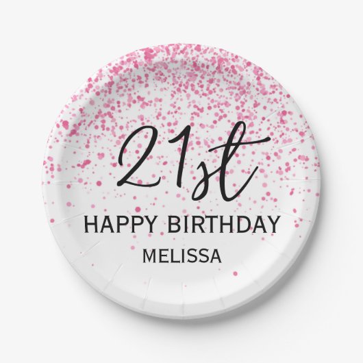 21e sprankelende hete roze glitter verjaardag papieren bordje (Voorkant)
