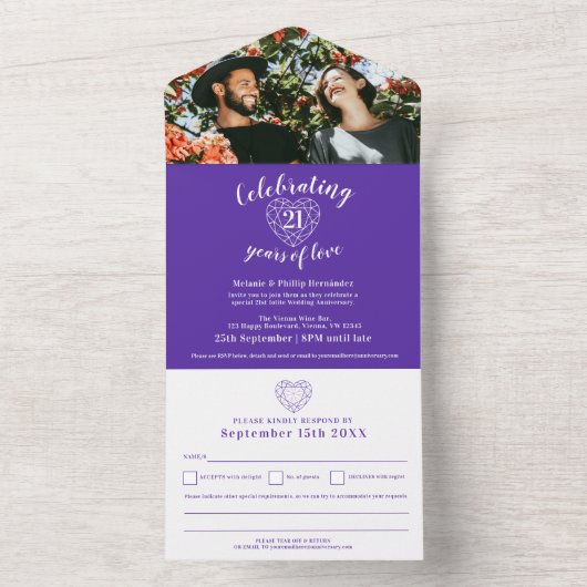 21e trouwdag paarse ioliet RSVP foto All In One Uitnodiging (Binnen)