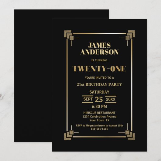 21e uitnodiging van Birthday Black en Gold Party (Voorkant / Achterkant)