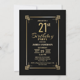 21e uitnodiging van Birthday Black en Gold Party