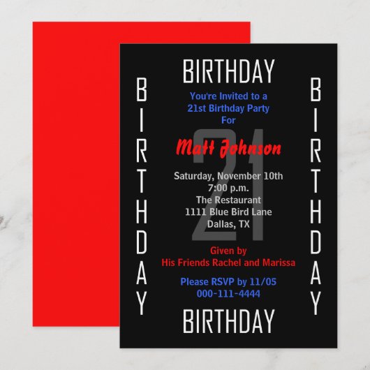 21e Uitnodiging voor verjaardagsfeestje 21 (Voorkant / Achterkant)
