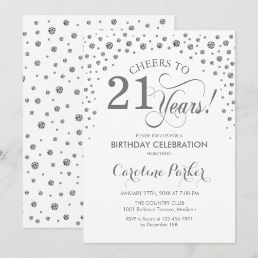 21e Uitnodiging voor verjaardagsfeestje - Zilver W (Voorkant / Achterkant)