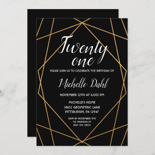 21e uitnodiging voor zwarte en goudgeometrische fe (Voorkant / Achterkant)