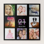 21e verjaardag 21 foto collage meisje zwart legpuzzel<br><div class="desc">A gift for a girl's young woman's 21st birthday,  celebrating her life with a collage of 8 of your foto's. Templates for a name,  age 21 and a date. Datum of birth of the date of the verjaarary. Purple and white colored letters. Chic black background color.</div>