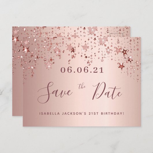 21e verjaardag 21 roos gouden sterren save the dat briefkaart (Voorkant / Achterkant)