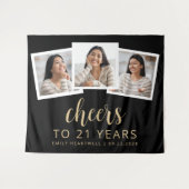 21e Verjaardag 3-Foto Gold Script Cheers Zwart Wandkleed (Voorkant (horizontaal))