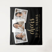 21e Verjaardag 3-Foto Gold Script Cheers Zwart Wandkleed (Voorkant)