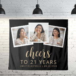 21e Verjaardag 3-Foto Gold Script Cheers Zwart Wandkleed
