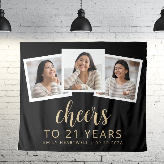 21e Verjaardag 3-Foto Gold Script Cheers Zwart Wandkleed