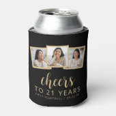 21e verjaardag 3-foto zwart goud script juichen blikjeskoeler (Blikje Voorkant)
