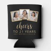 21e verjaardag 3-foto zwart goud script juichen blikjeskoeler (Achterkant)