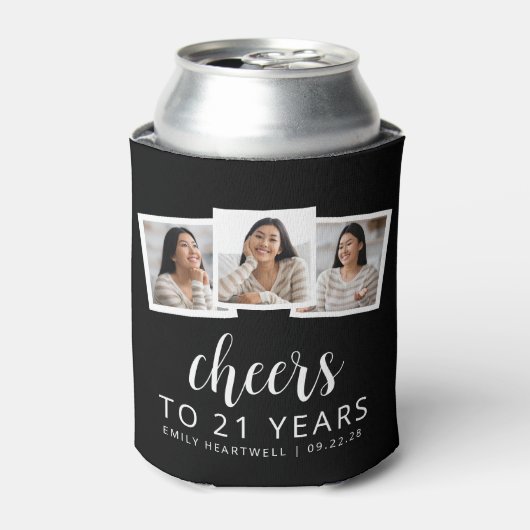 21e verjaardag 3-foto zwart wit script juichen blikjeskoeler (Blikje Voorkant)