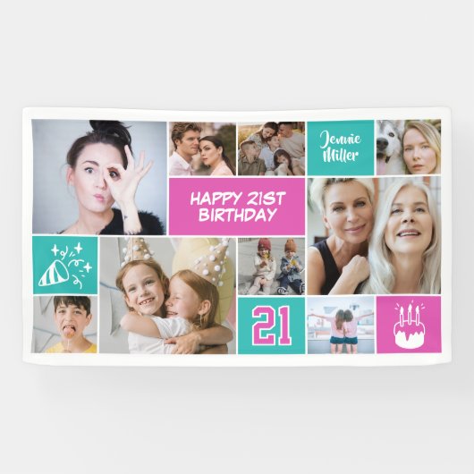 21e verjaardag aangepaste foto collage aqua roze spandoek (Horizontaal)