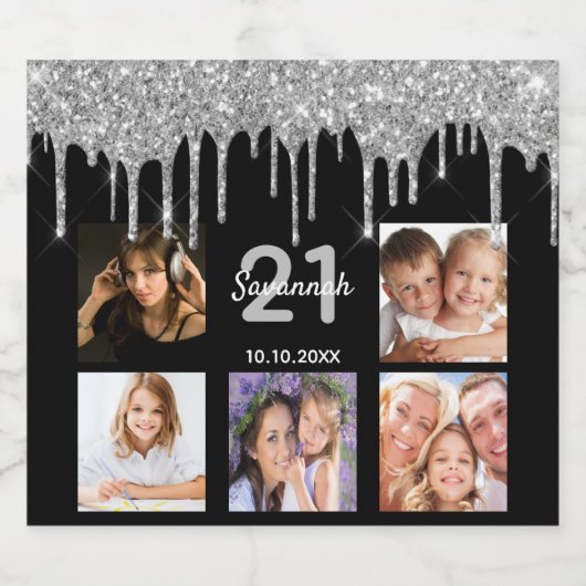 21e verjaardag aangepaste foto glitter black Silve Sparkling Wijnetiket (Enkel label)