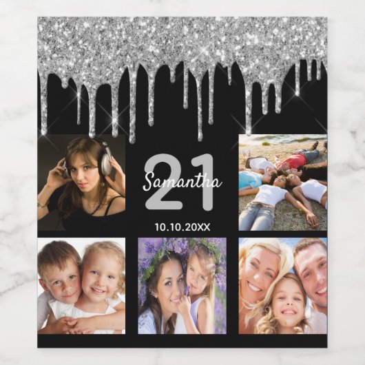 21e verjaardag aangepaste foto glitter black Silve Wijn Etiket (Enkel label)