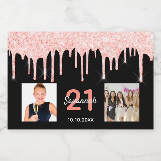 21e verjaardag aangepaste foto glitter zwart roos  sparkling wijnetiket (Enkel label)