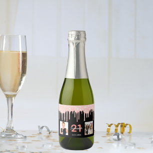 21e verjaardag aangepaste foto glitter zwart roos  sparkling wijnetiket
