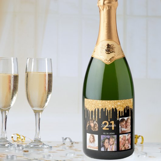 21e verjaardag aangepaste foto glitter zwarte glan sparkling wijnetiket