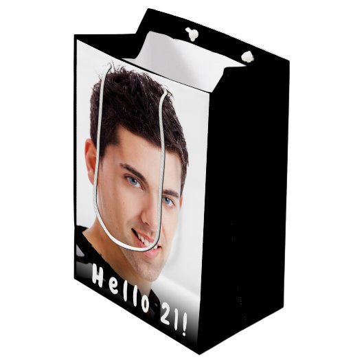 21e verjaardag aangepaste foto hallo 21 man zwart medium cadeauzakje (Voorkant Gekanteld)