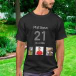 21e verjaardag aangepaste foto monogram man t-shirt<br><div class="desc">Voor een 21e verjaardag als cadeau of voor het feest. Een collage van 3 van uw foto's van zichzelf vrienden,  familie,  interesse of huisdieren. Personaliseer en voeg zijn naam,  leeftijd 21 en een datum toe. Geboortedatum of de datum van het verjaardagsfeestje. Grijze en witte gekleurde tekst.</div>