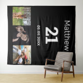 21e verjaardag aangepaste foto monogram man zwart wandkleed (In Situ (horizontaal))