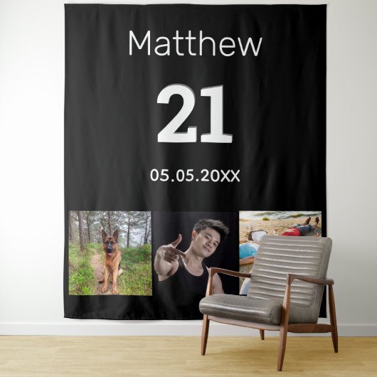 21e verjaardag aangepaste foto-monogram zwarte ker wandkleed (In situ)