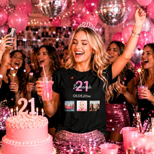 21e verjaardag aangepaste foto roze monogram vrouw t-shirt