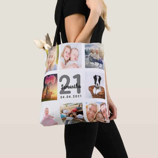 21e verjaardag aangepaste fotocollage vrouw wit tote bag (Dichtbij)