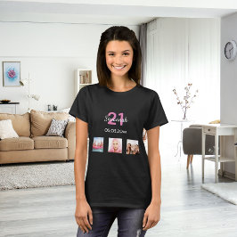 21e verjaardag aangepaste fotoroze monogram vrouw t-shirt