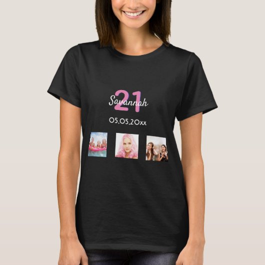 21e verjaardag aangepaste fotoroze monogram vrouw t-shirt (Voorkant)