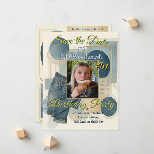 21e verjaardag Amandelbloesem blauw-crème Aankondiging (Voorkant / Achterkant in situ)