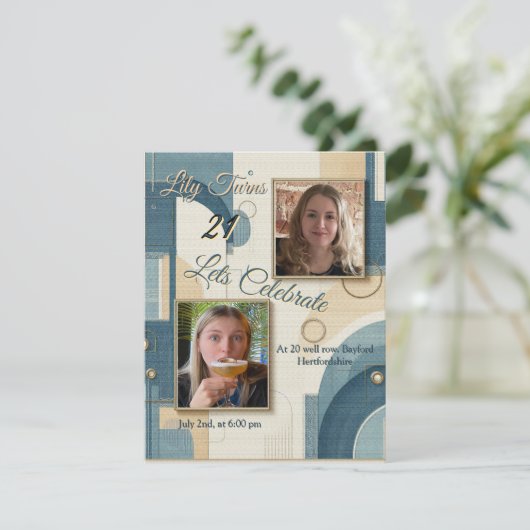 21e verjaardag Amandelbloesem blauw-crème Aankondiging (Staand voorkant)