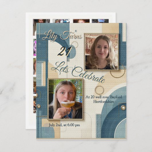 21e verjaardag Amandelbloesem blauw-crème Aankondiging (Voorkant / Achterkant)