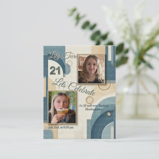 21e Verjaardag Amandelbloesem blauw-crème Aankondiging (Staand voorkant)