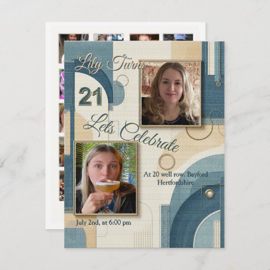 21e Verjaardag Amandelbloesem blauw-crème Aankondiging (Voorkant / Achterkant)