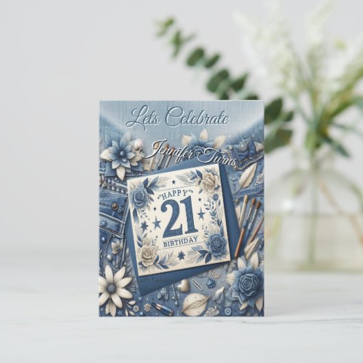 21e verjaardag Amandelbloesem blauw-crème Briefkaart (Staand voorkant)