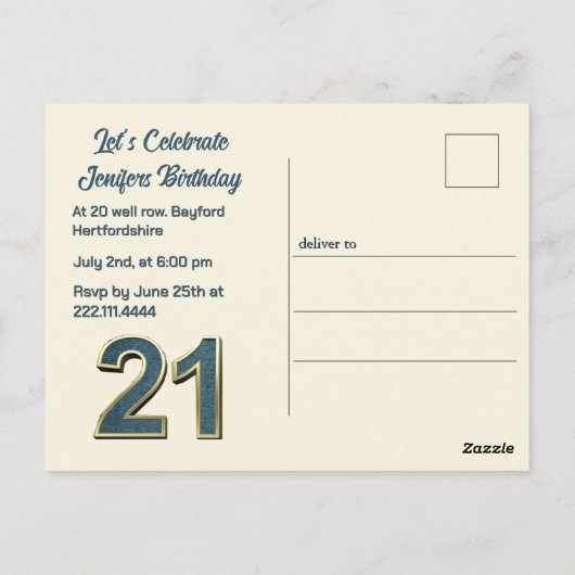 21e verjaardag Amandelbloesem blauw-crème Briefkaart (Achterkant)