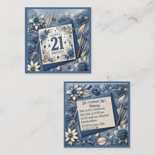 21e verjaardag Amandelbloesem blauw-crème Informatiekaartje (Voorkant / Achterkant)