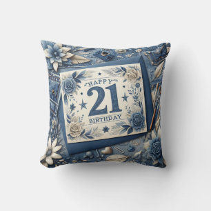 21e verjaardag Amandelbloesem blauw-crème Kussen