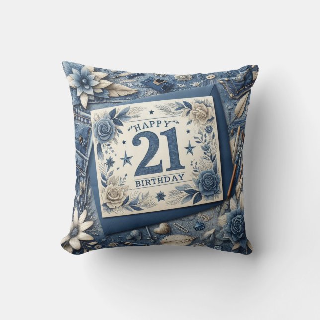 21e verjaardag Amandelbloesem blauw-crème Kussen (Voorkant)