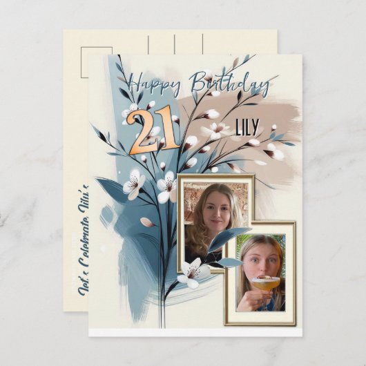 21e verjaardag Amandelbloesem blauw-crème Uitnodiging Briefkaart (Voorkant / Achterkant)