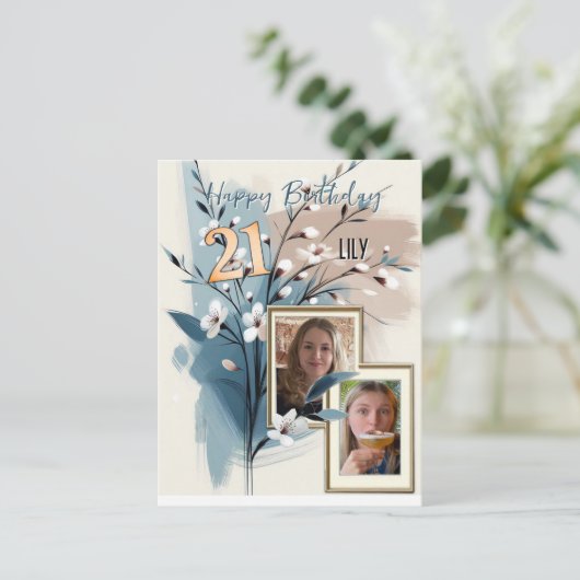 21e verjaardag Amandelbloesem blauw-crème Uitnodiging Briefkaart (Staand voorkant)