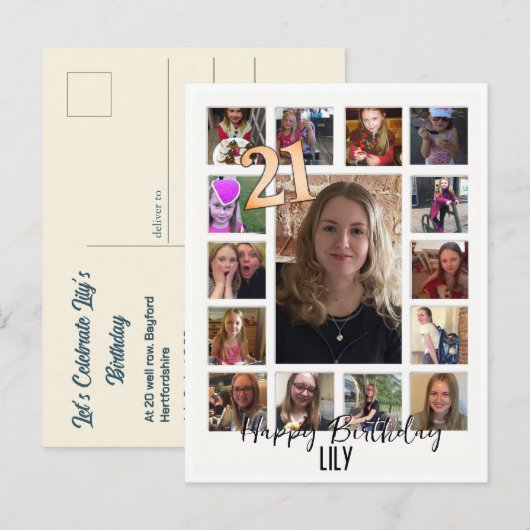 21e verjaardag Amandelbloesem blauw-crème Uitnodiging Briefkaart (Voorkant / Achterkant)