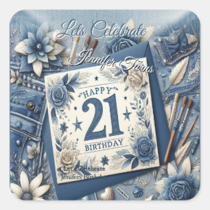 21e verjaardag Amandelbloesem blauw-crème Vierkante Sticker