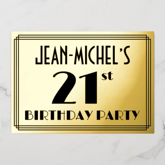 21e verjaardag — Art Deco look "21" + Naam Folie Uitnodiging (Voorkant)