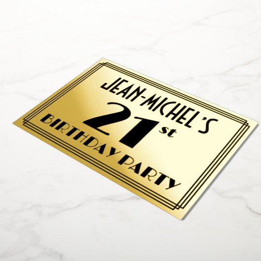 21e verjaardag — Art Deco look "21" + Naam Folie Uitnodiging (Gedraaid)
